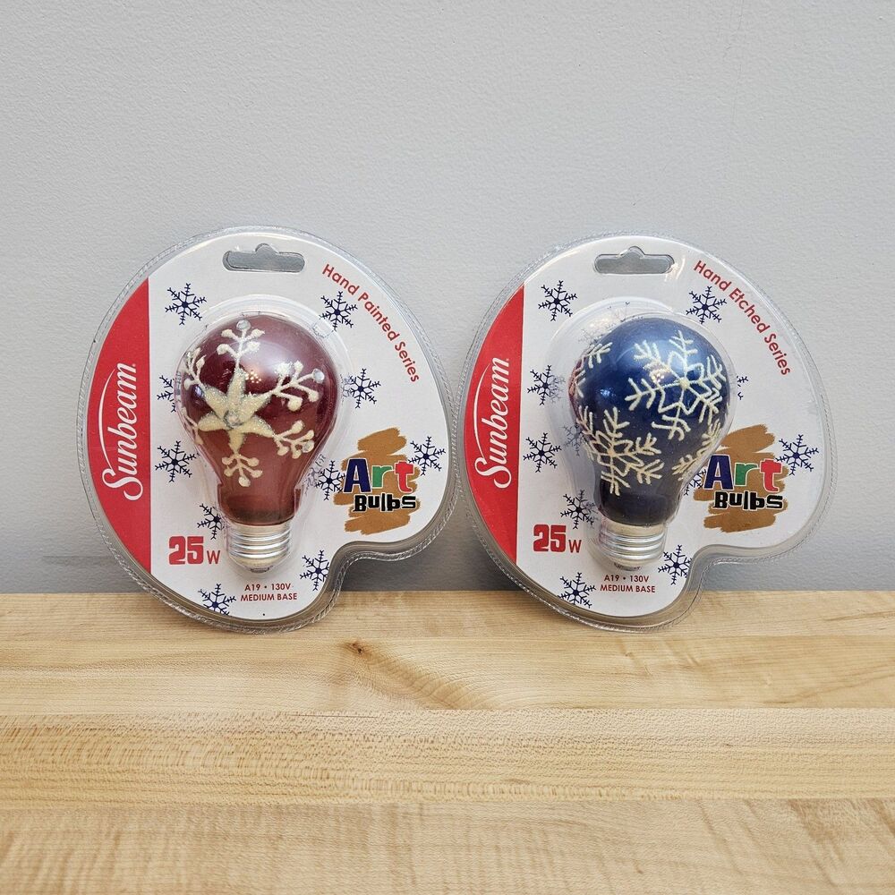LOT OF 2 Sunbeam Hand Painted Series Art Light Bulbs 25W Snowflake Red Blue NEW
